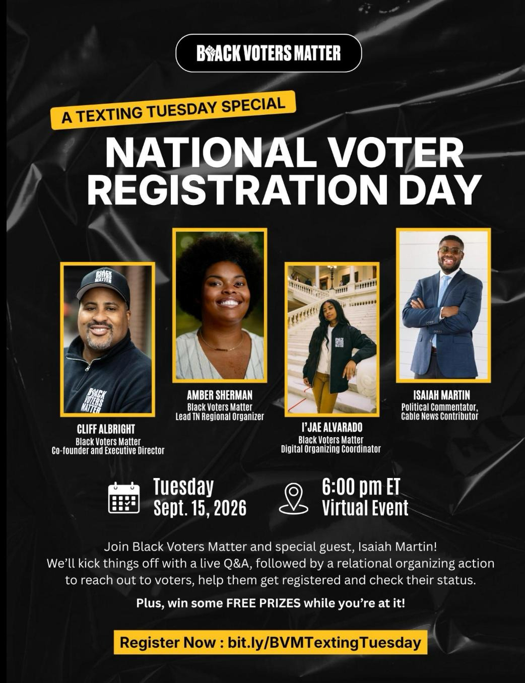 Black Voters Matter Texting Tuesday Special — National Voter Registration Day, Tuesday, Sept. 15, 6:00 pm ET, with Cliff Albright, Amber Sherman, I'Jae Alvarado, and Isaiah Martin