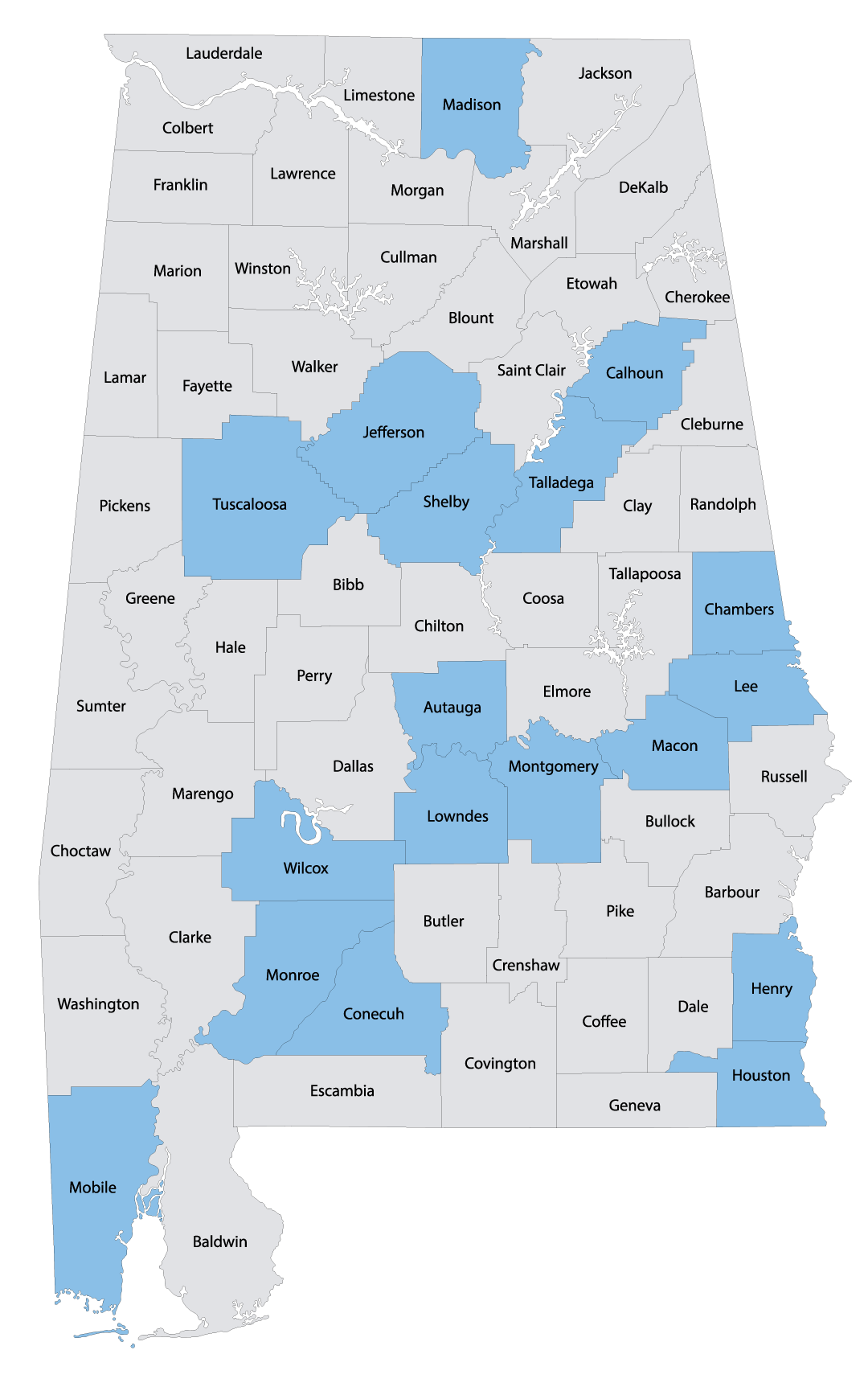 Map of Alabama showing 17 anchor counties highlighted in blue