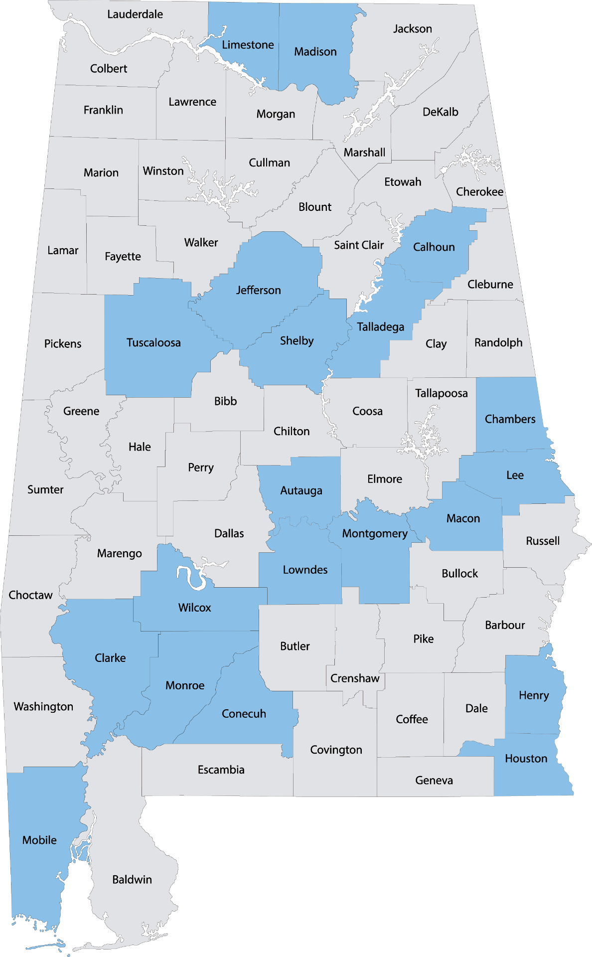 Map of Alabama showing 20 anchor counties highlighted in blue
